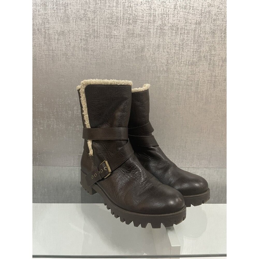 Nine West Women's Black Leather Buckled Fleece Winter Boots Sz 10M (A398)